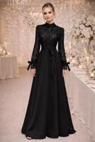 Tesettür giyim SİYAH KUŞAKLI BONCUKLU ABİYE ELBİSE T 2326