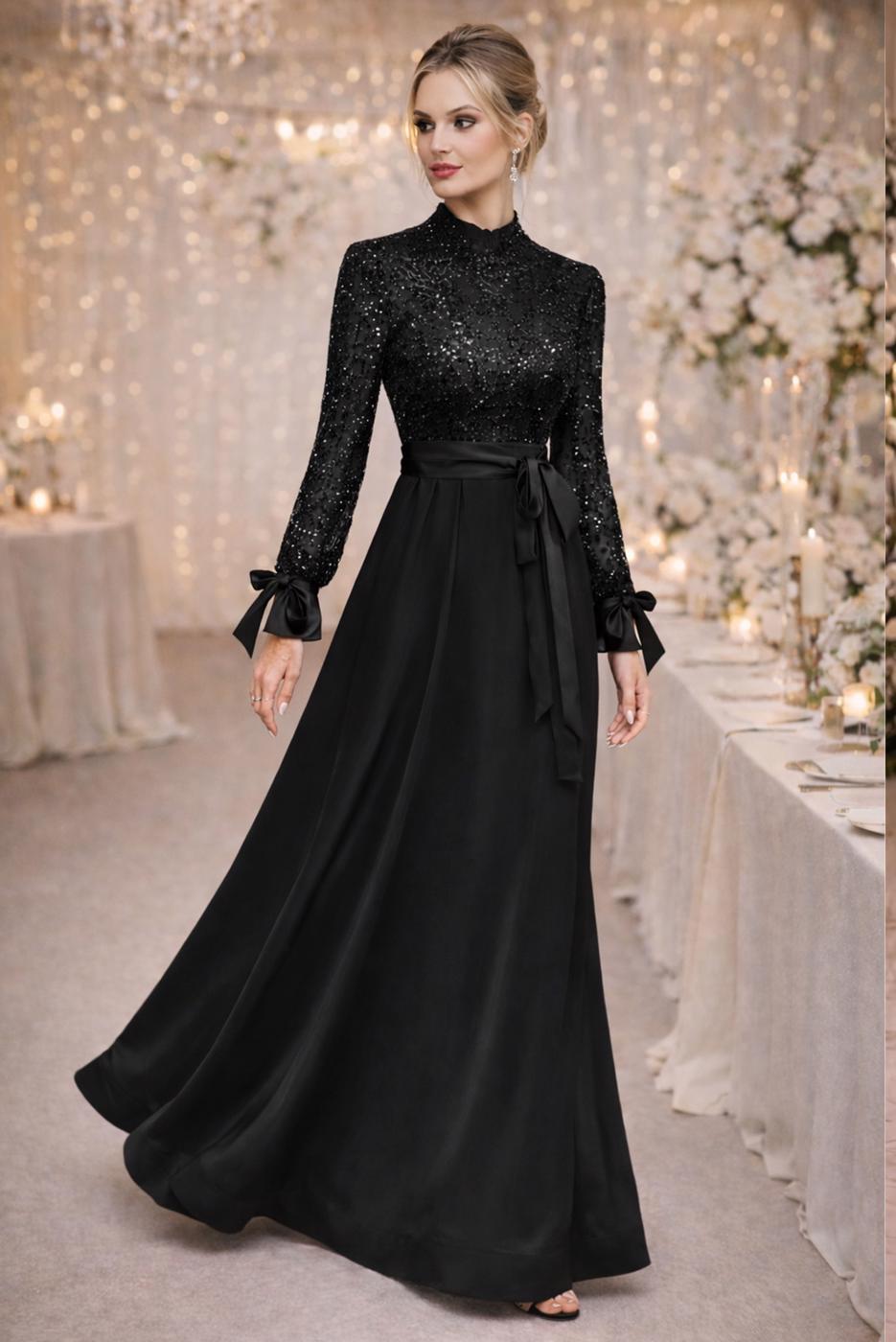 Tesettür giyim SİYAH KUŞAKLI BONCUKLU ABİYE ELBİSE T 2326