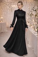 Tesettür giyim SİYAH KUŞAKLI BONCUKLU ABİYE ELBİSE T 2326