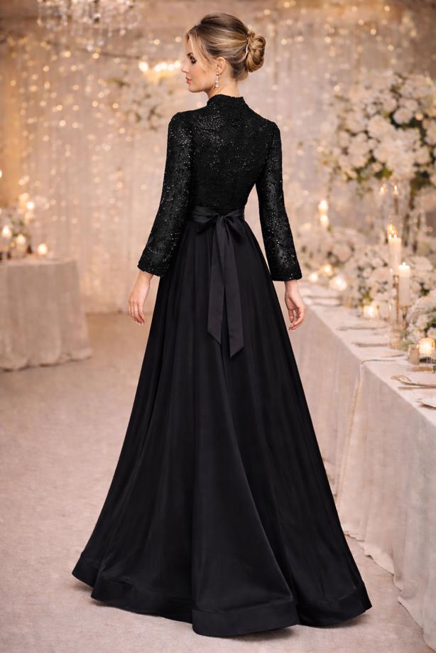 Tesettür giyim SİYAH KUŞAKLI BONCUKLU ABİYE ELBİSE T 2326 - TRENDTESETTÜR