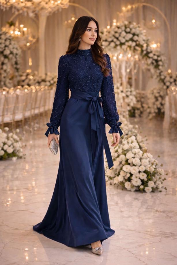 Tesettür giyim LACİVERT KUŞAKLI BONCUKLU ABİYE ELBİSE T 2326 - TRENDTESETTÜR