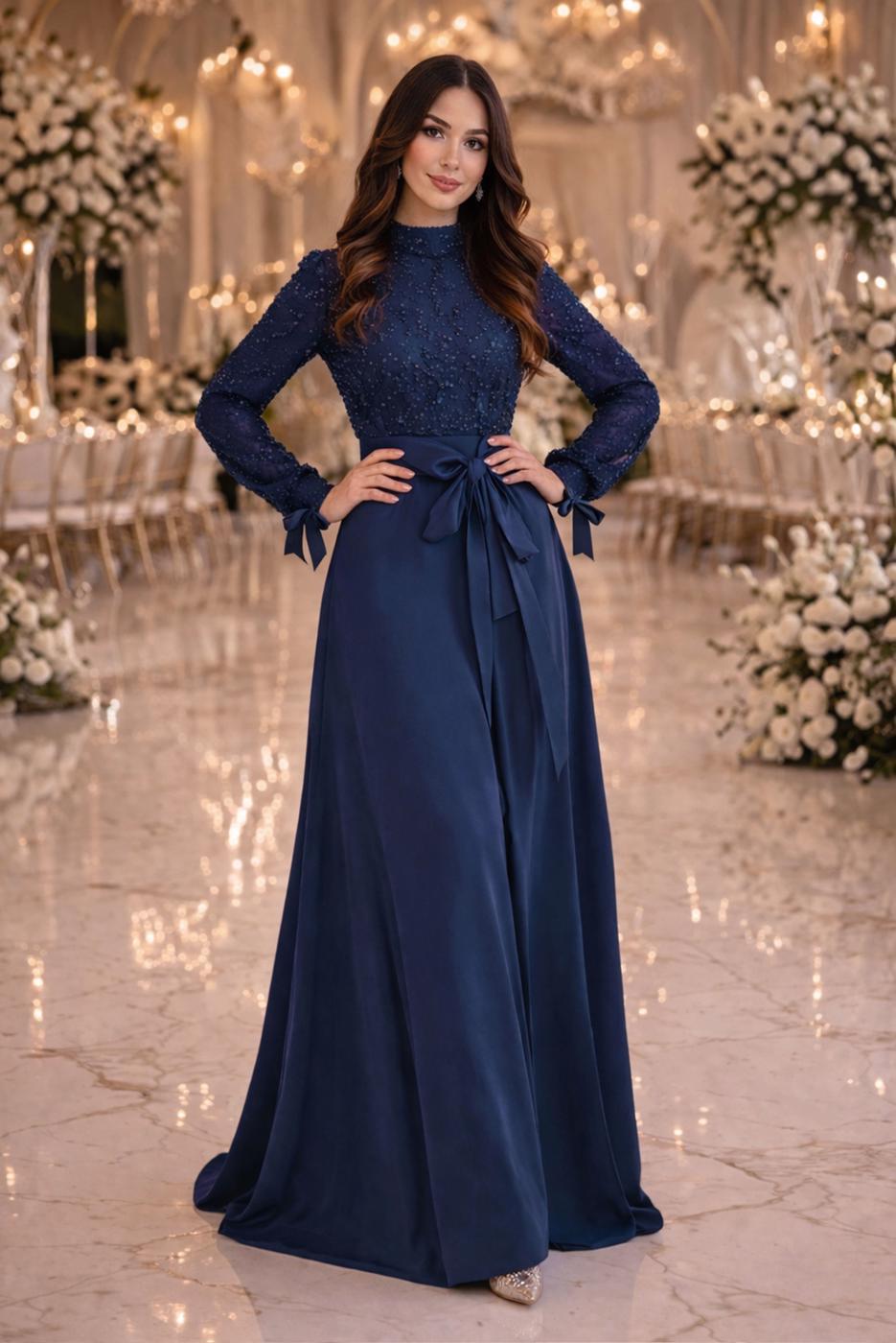 Tesettür giyim LACİVERT KUŞAKLI BONCUKLU ABİYE ELBİSE T 2326