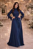 Tesettür giyim LACİVERT KUŞAKLI BONCUKLU ABİYE ELBİSE T 2326