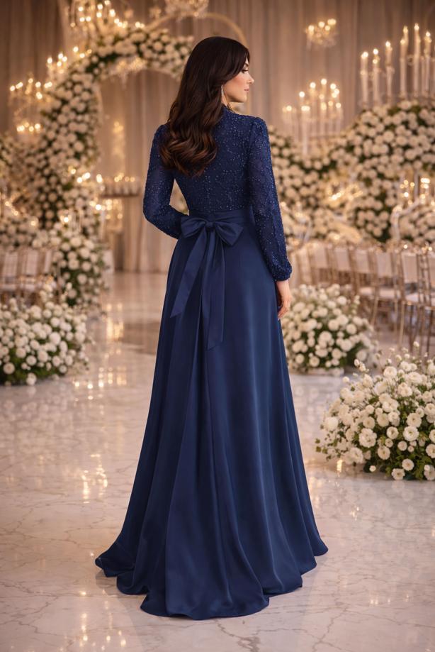 Tesettür giyim LACİVERT KUŞAKLI BONCUKLU ABİYE ELBİSE T 2326 - TRENDTESETTÜR