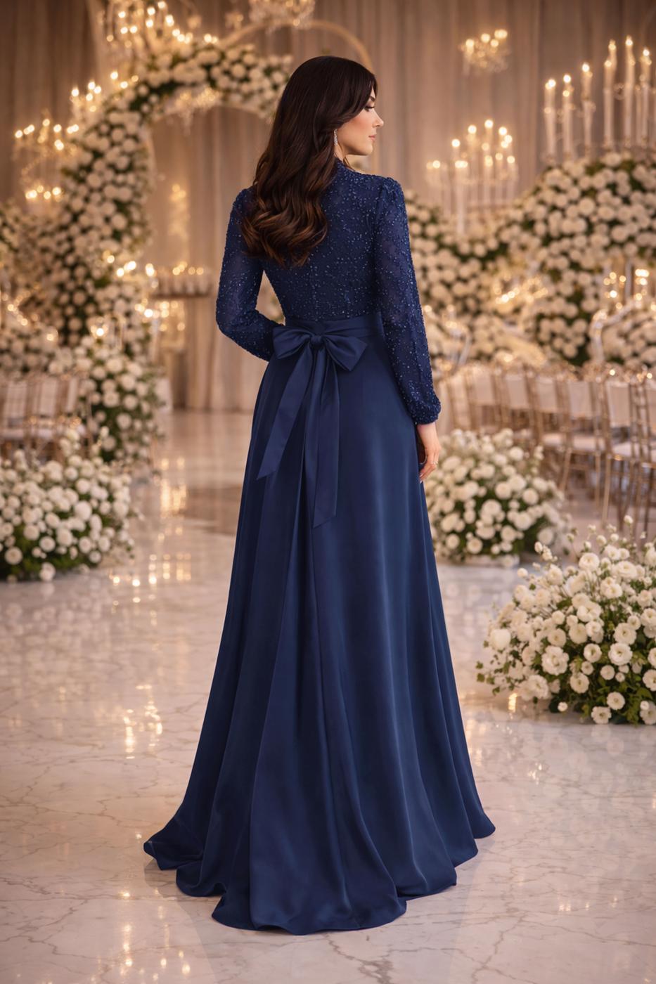 Tesettür giyim LACİVERT KUŞAKLI BONCUKLU ABİYE ELBİSE T 2326