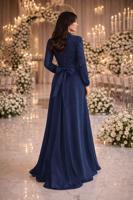 Tesettür giyim LACİVERT KUŞAKLI BONCUKLU ABİYE ELBİSE T 2326