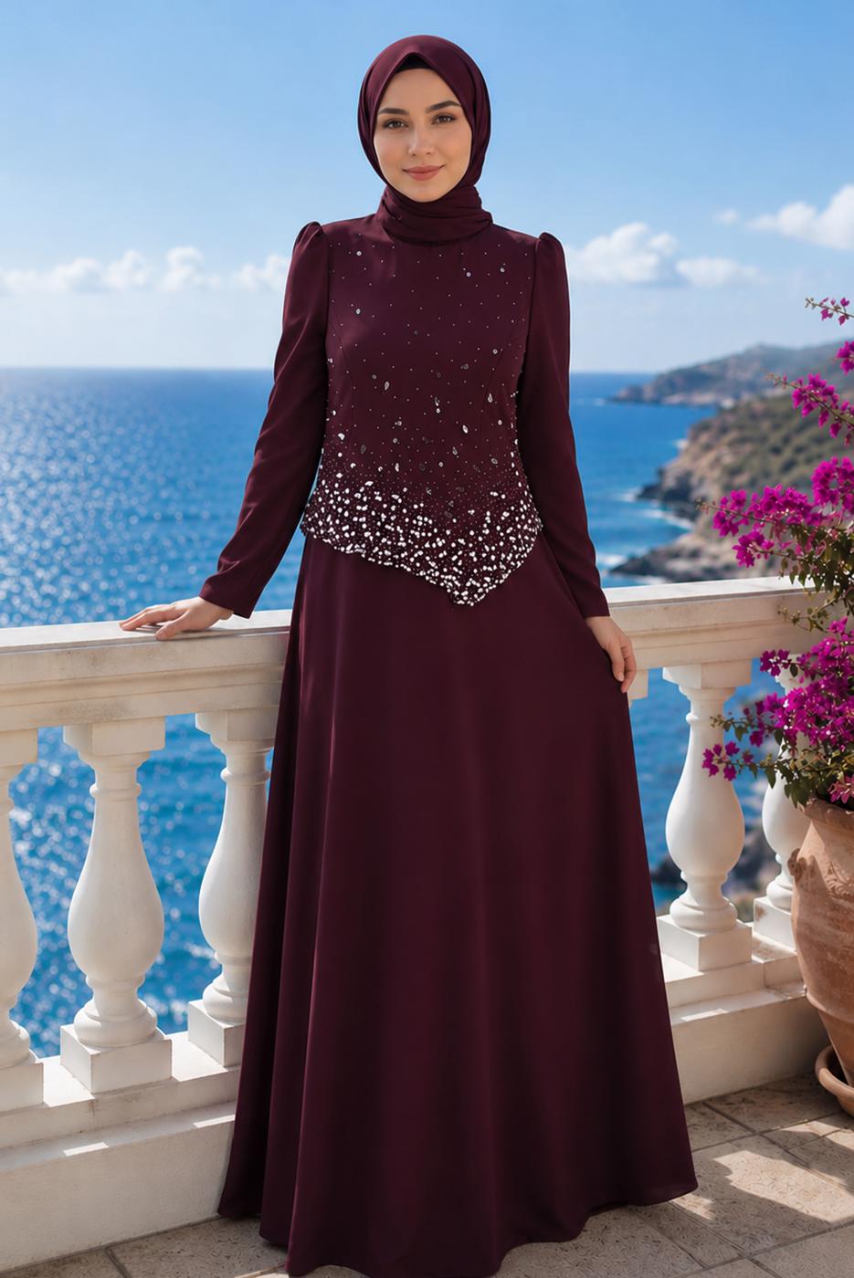 Hijab clothing CLARET RED GEM DETAILED EVENING DRESS T 2384