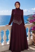 Hijab clothing CLARET RED GEM DETAILED EVENING DRESS T 2384