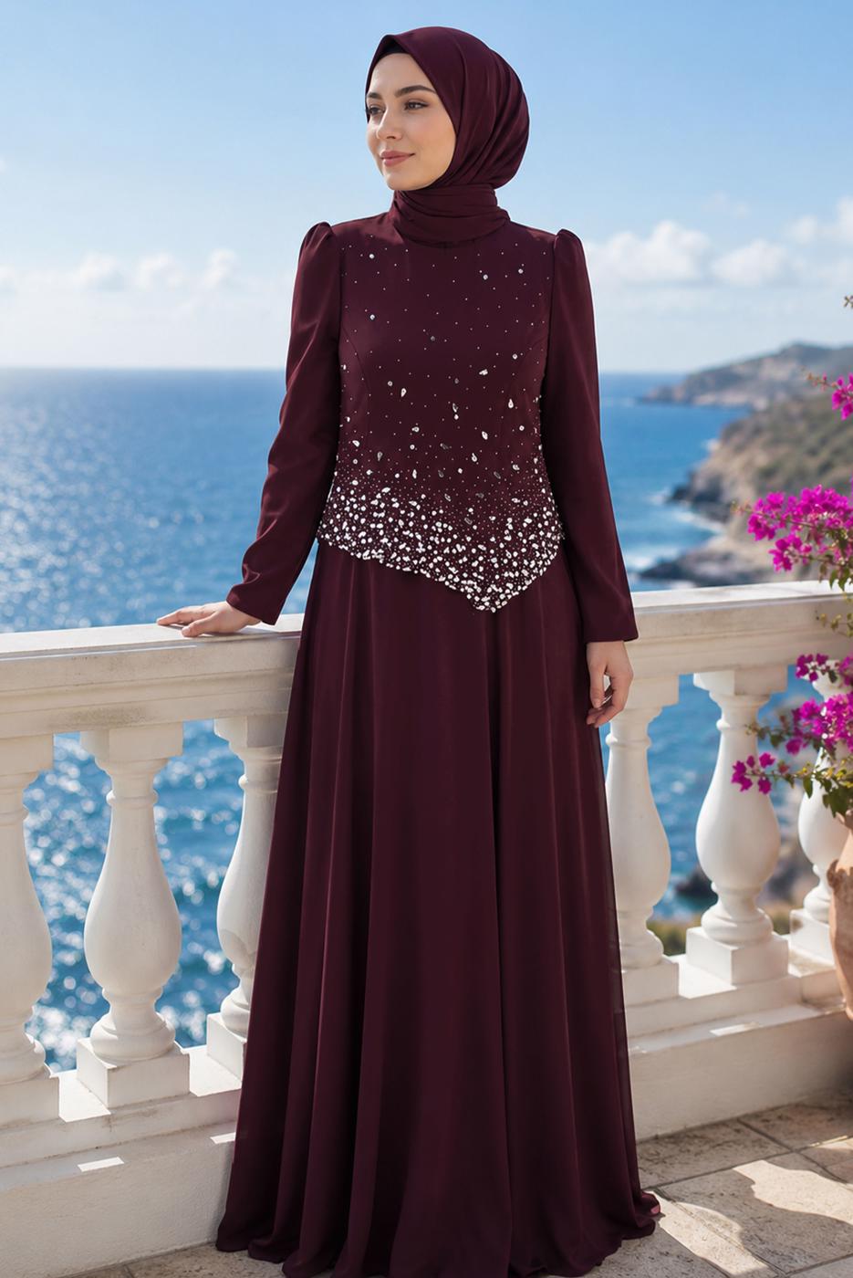 Hijab clothing CLARET RED GEM DETAILED EVENING DRESS T 2384