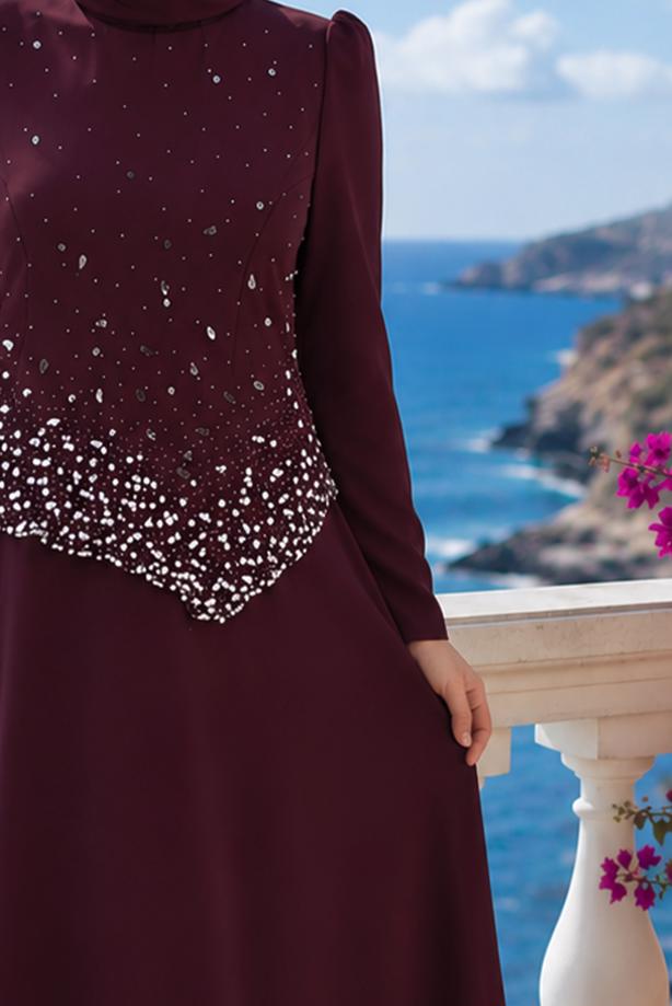 Hijab clothing CLARET RED GEM DETAILED EVENING DRESS T 2384 - TRENDTESETTÜR