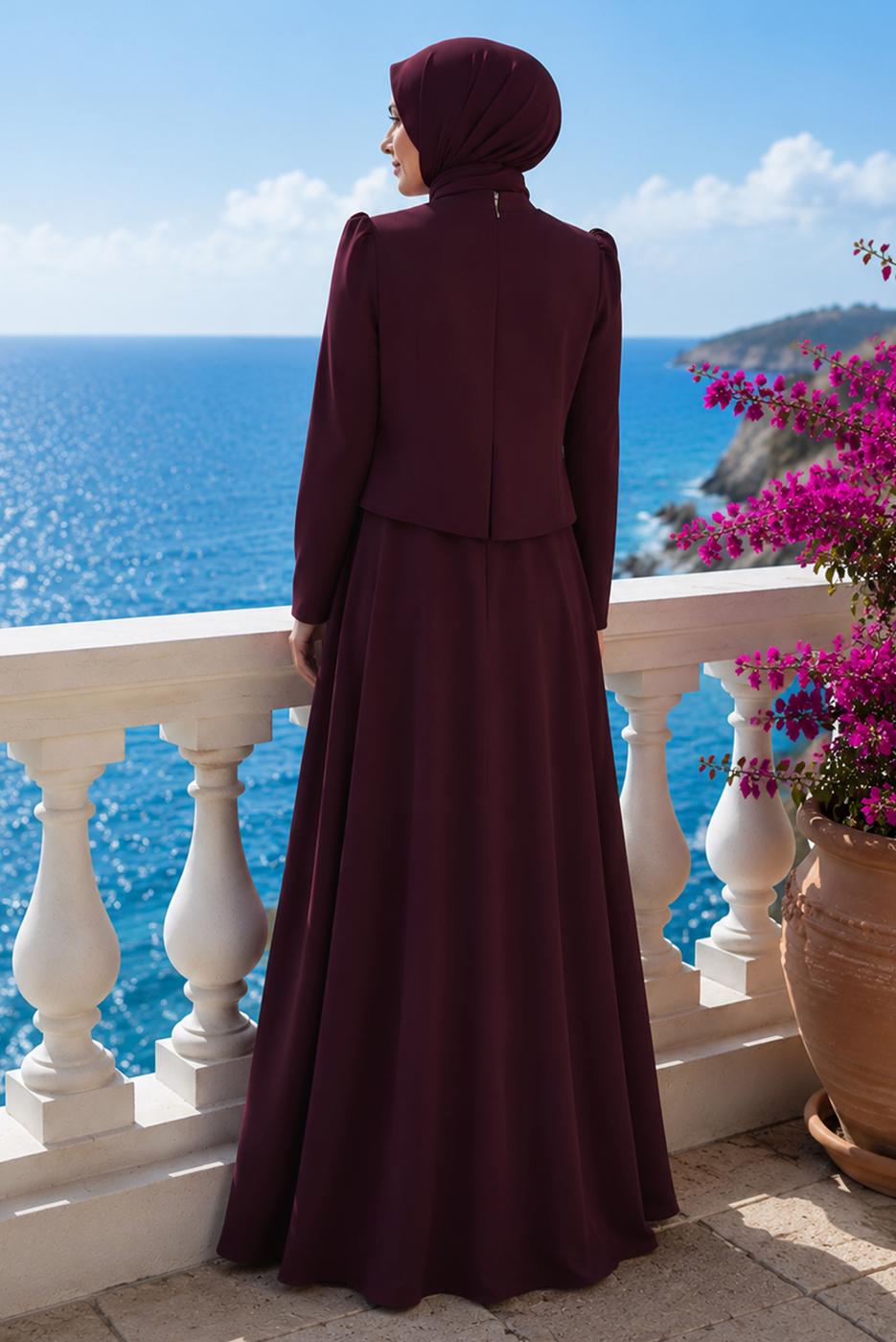 Hijab clothing CLARET RED GEM DETAILED EVENING DRESS T 2384