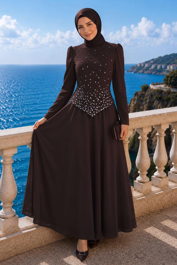 Hijab clothing BROWN GEM DETAILED EVENING DRESS T 2384 - TRENDTESETTÜR