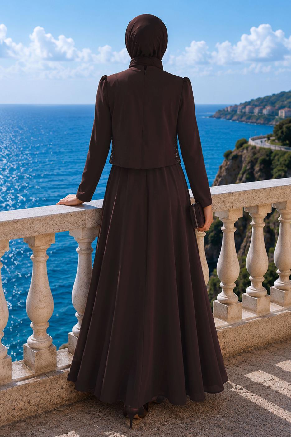 Hijab clothing BROWN GEM DETAILED EVENING DRESS T 2384