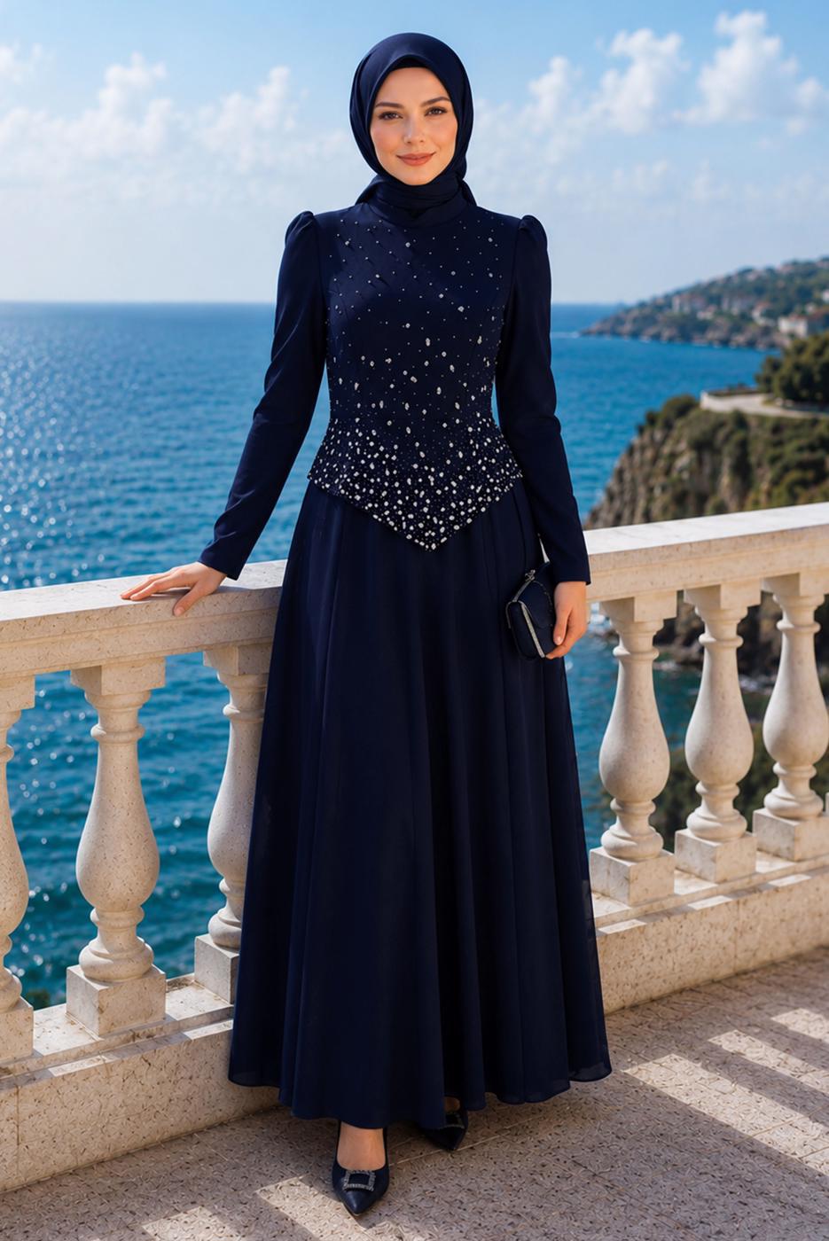 Hijab clothing NAVY BLUE GEM DETAILED EVENING DRESS T 2384