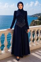 Hijab clothing NAVY BLUE GEM DETAILED EVENING DRESS T 2384