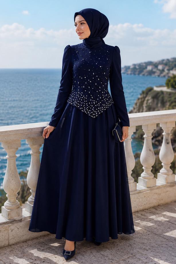 Hijab clothing NAVY BLUE GEM DETAILED EVENING DRESS T 2384 - TRENDTESETTÜR