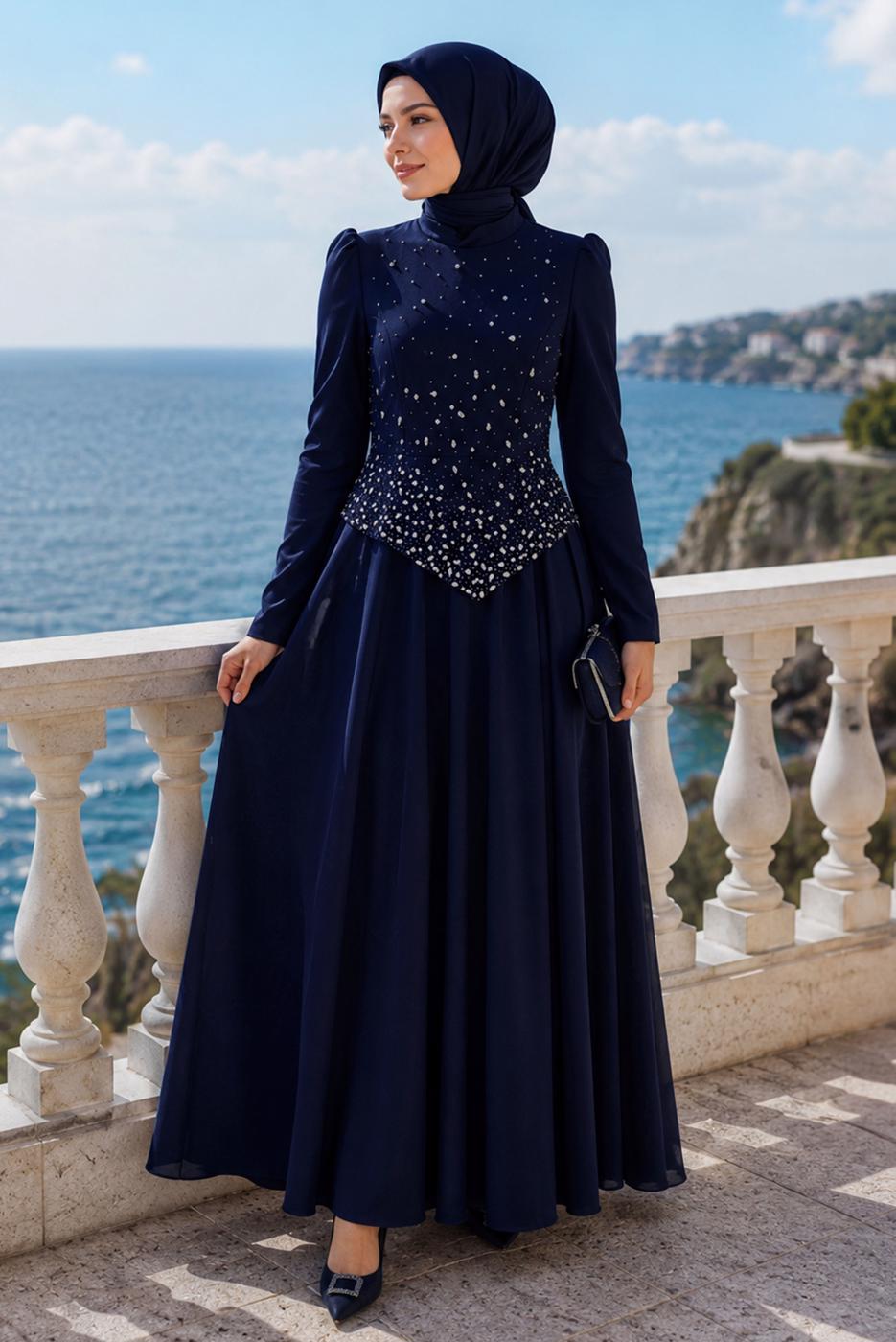 Hijab clothing NAVY BLUE GEM DETAILED EVENING DRESS T 2384