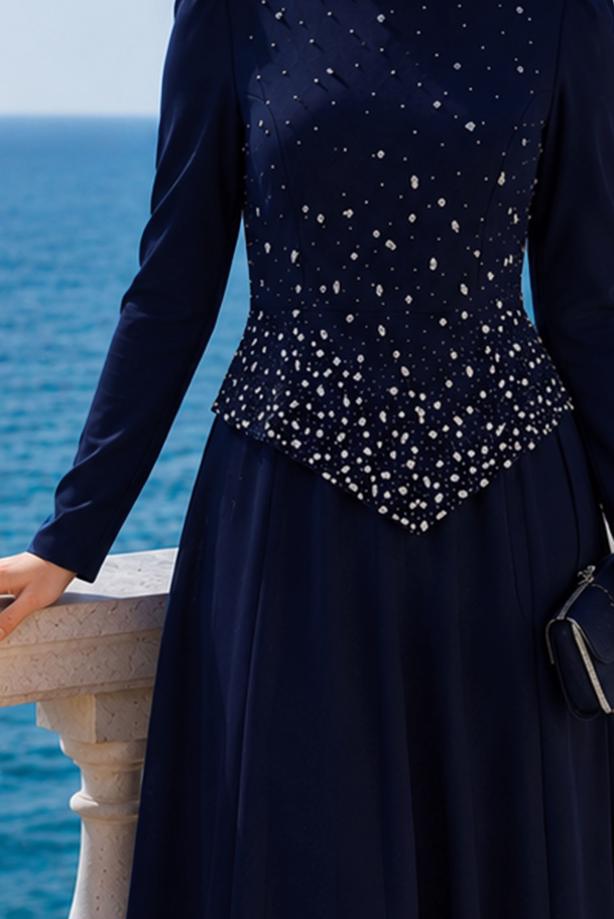 Hijab clothing NAVY BLUE GEM DETAILED EVENING DRESS T 2384 - TRENDTESETTÜR