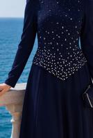 Hijab clothing NAVY BLUE GEM DETAILED EVENING DRESS T 2384