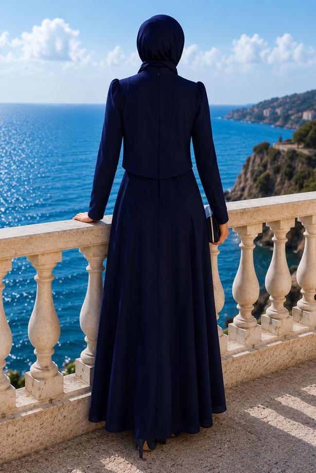 Hijab clothing NAVY BLUE GEM DETAILED EVENING DRESS T 2384 - TRENDTESETTÜR