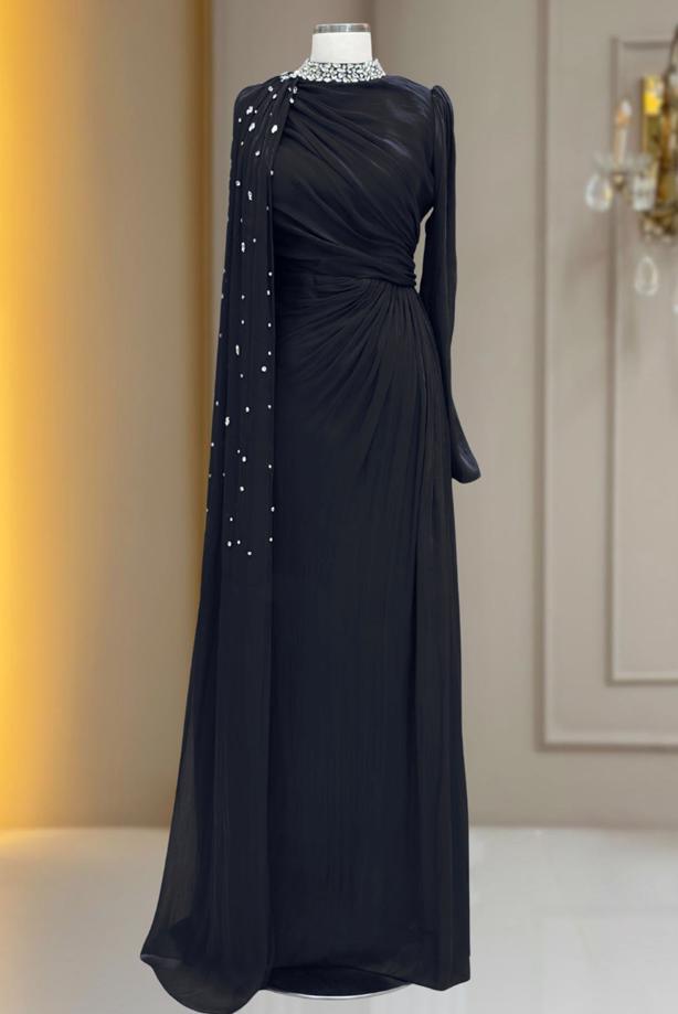 Hijab clothing BLACK CHIFFON EVENING DRESS T 2463 - TRENDTESETTÜR