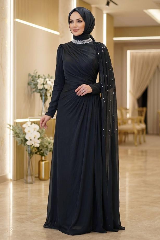 Hijab clothing BLACK CHIFFON EVENING DRESS T 2463 - TRENDTESETTÜR