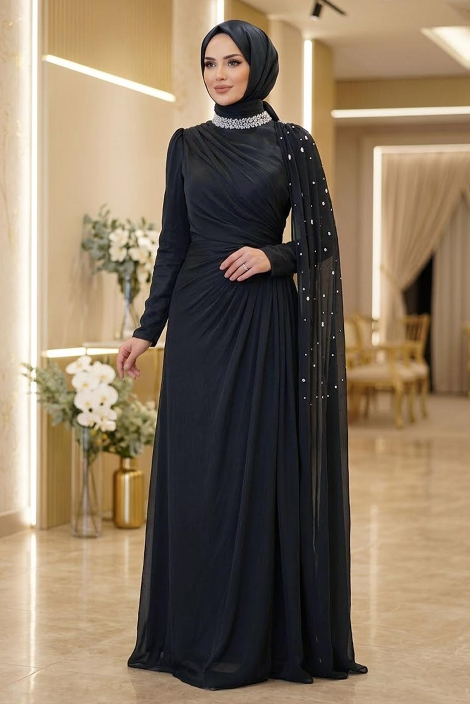 Hijab clothing BLACK CHIFFON EVENING DRESS T 2463