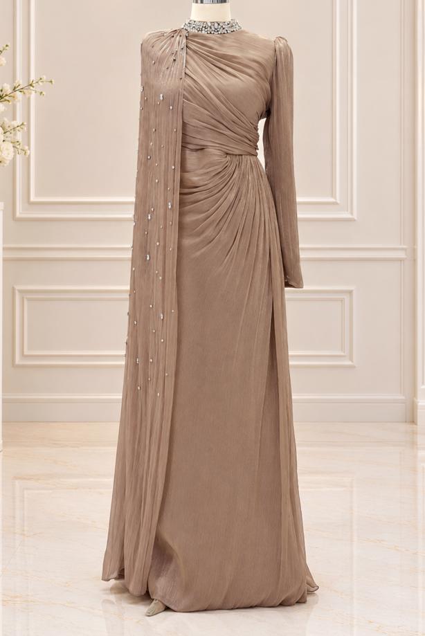 Vêtements hijab BRUN ROBE DE SOIRÉE EN MOUSSELINE DE SOIE T 2463 - TRENDTESETTÜR