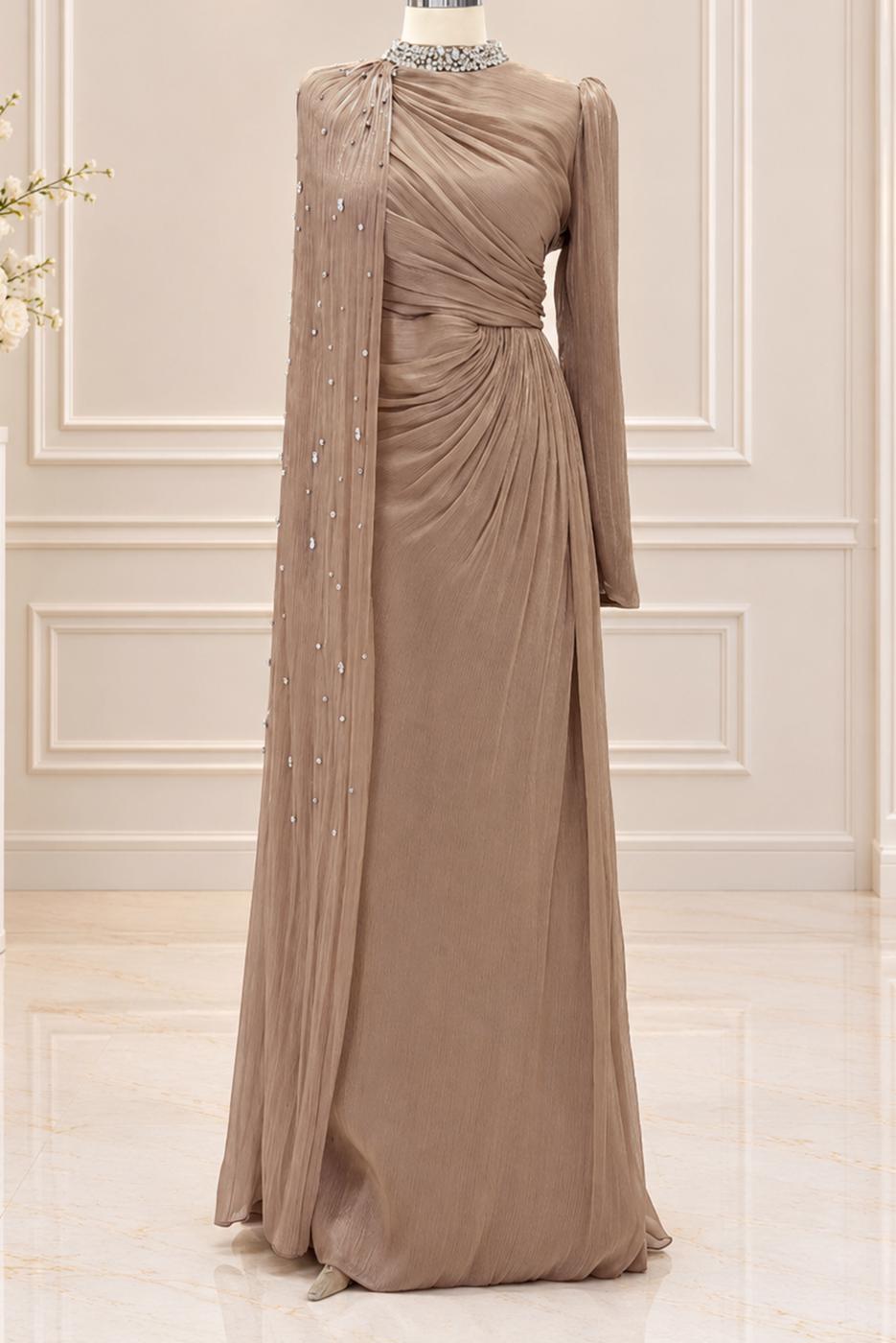 Vêtements hijab BRUN ROBE DE SOIRÉE EN MOUSSELINE DE SOIE T 2463