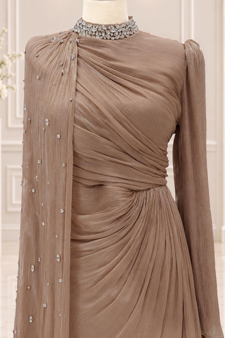 Vêtements hijab BRUN ROBE DE SOIRÉE EN MOUSSELINE DE SOIE T 2463