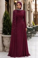 Tesettür giyim BORDO ŞİFON ABİYE ELBİSE T 2463