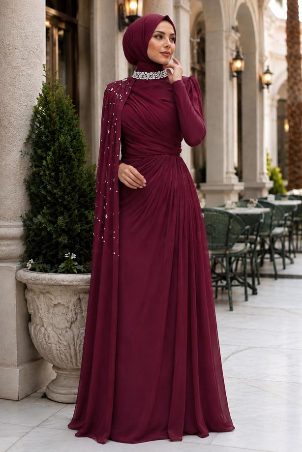 Tesettür giyim BORDO ŞİFON ABİYE ELBİSE T 2463 - TRENDTESETTÜR