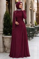 Tesettür giyim BORDO ŞİFON ABİYE ELBİSE T 2463