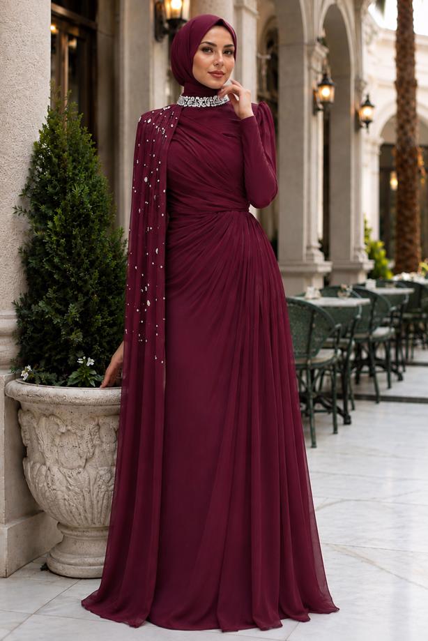 Tesettür giyim BORDO ŞİFON ABİYE ELBİSE T 2463 - TRENDTESETTÜR