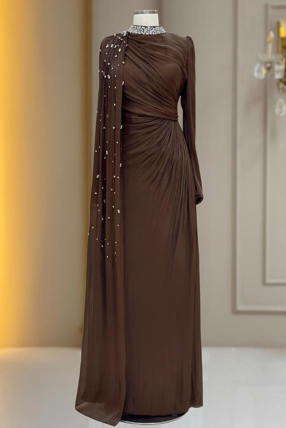 Hijab clothing BROWN CHIFFON EVENING DRESS T 2463