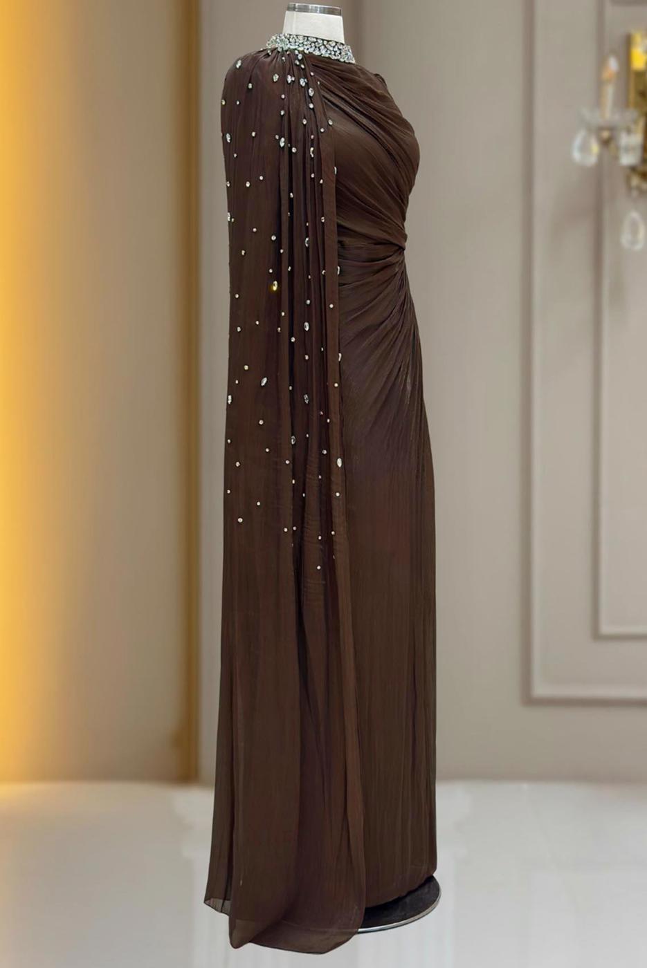 Hijab clothing BROWN CHIFFON EVENING DRESS T 2463