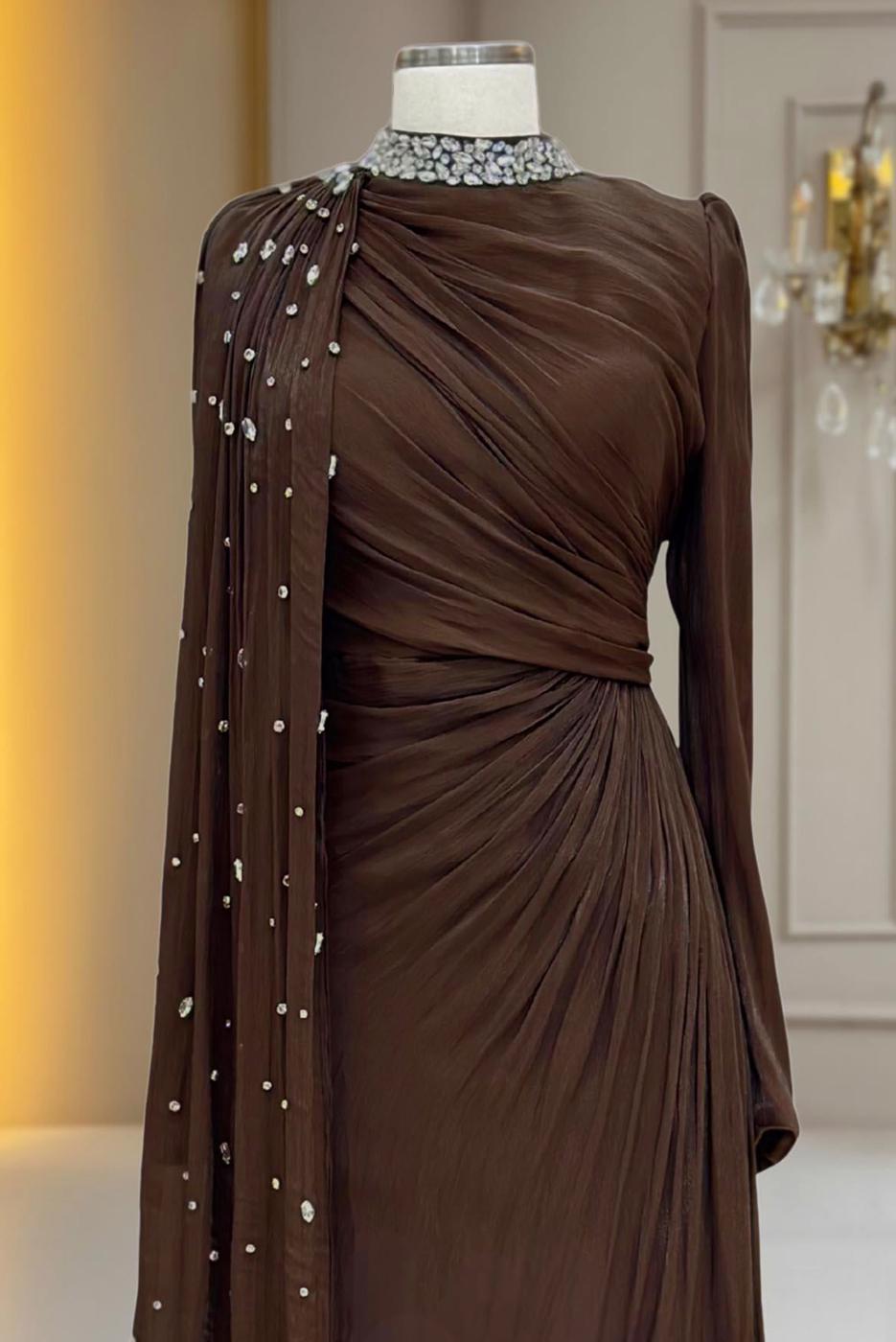 Hijab clothing BROWN CHIFFON EVENING DRESS T 2463