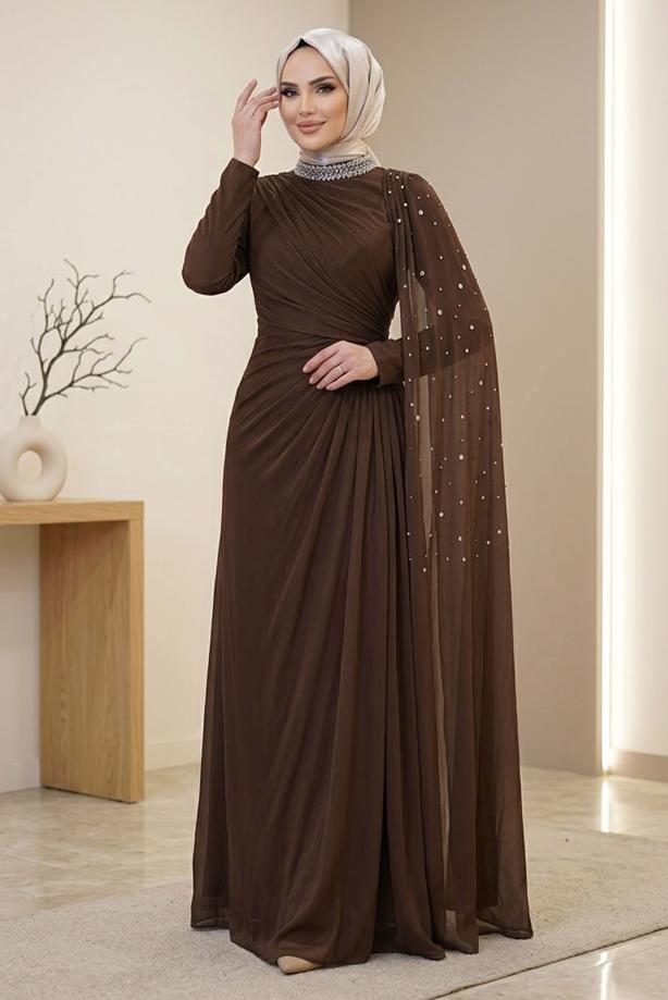 Hijab clothing BROWN CHIFFON EVENING DRESS T 2463 - TRENDTESETTÜR