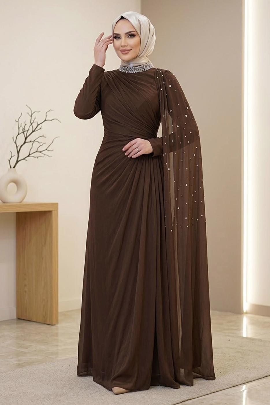 Hijab clothing BROWN CHIFFON EVENING DRESS T 2463