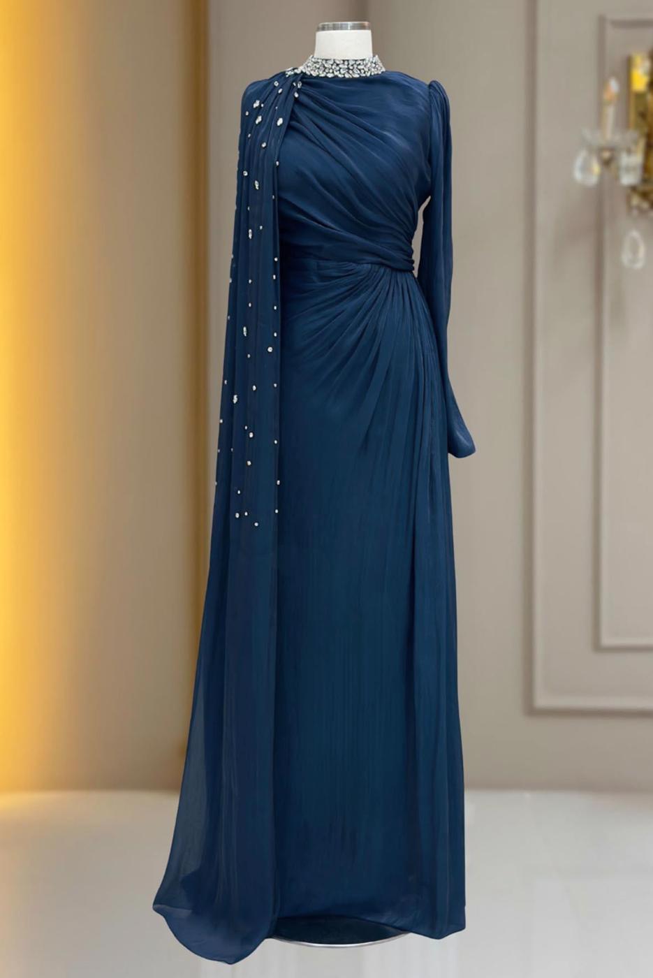 Hijab clothing NAVY BLUE CHIFFON EVENING DRESS T 2463