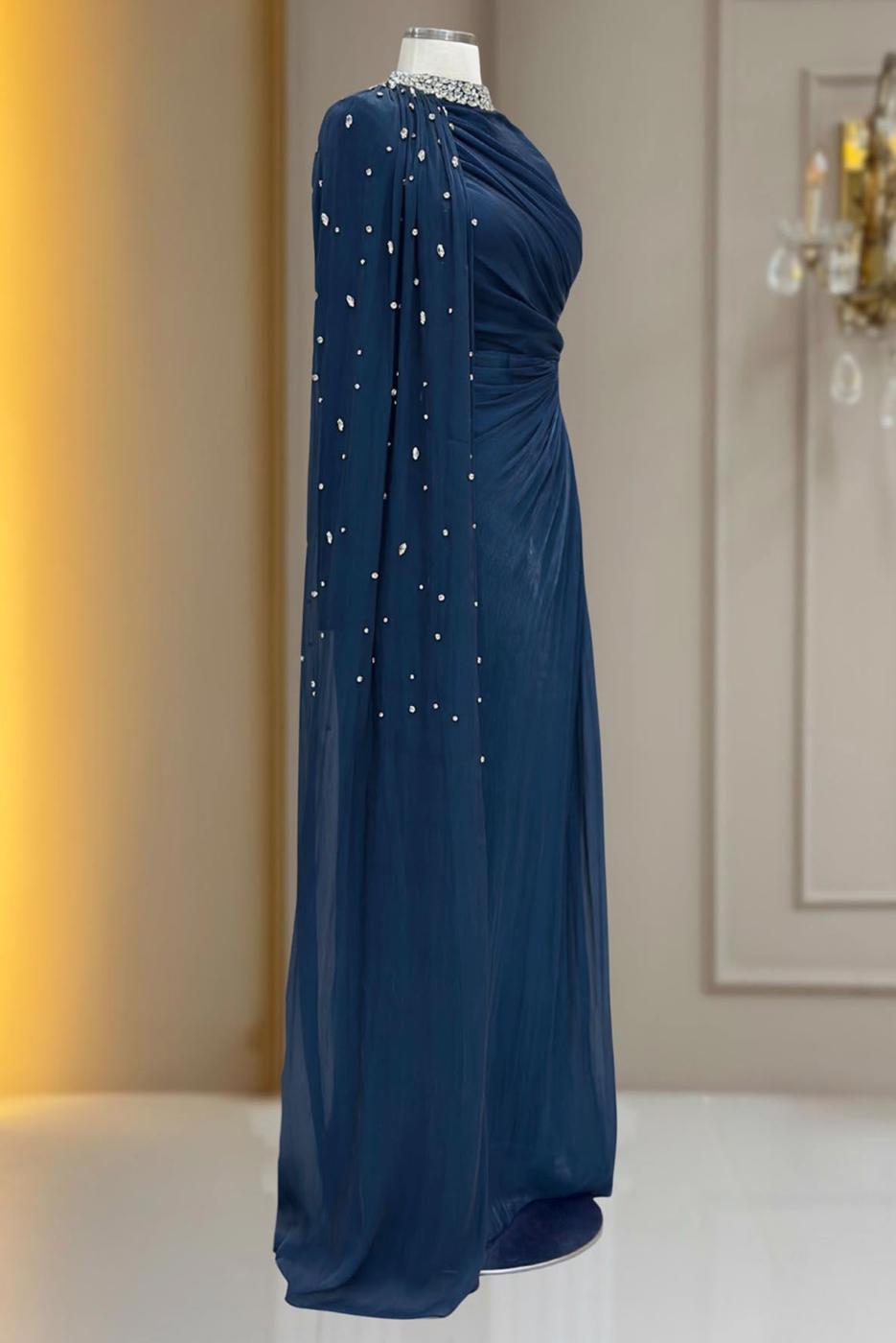 Hijab clothing NAVY BLUE CHIFFON EVENING DRESS T 2463
