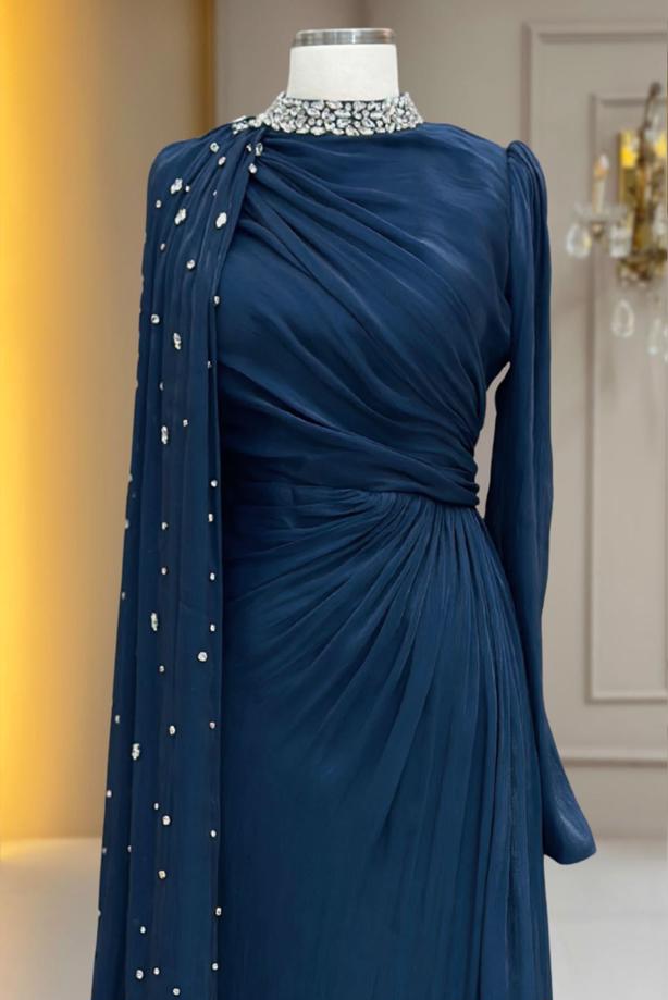 Hijab clothing NAVY BLUE CHIFFON EVENING DRESS T 2463 - TRENDTESETTÜR