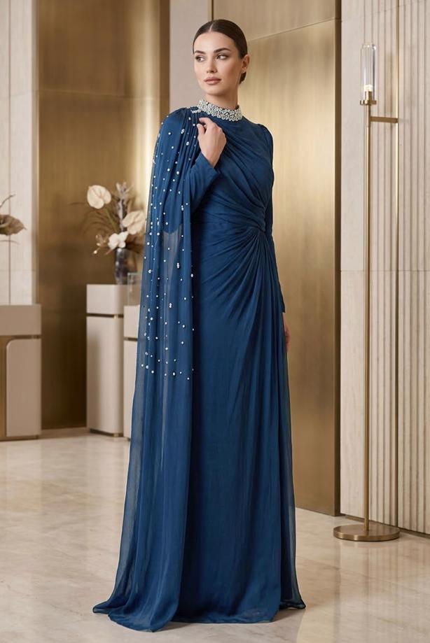 Hijab clothing NAVY BLUE CHIFFON EVENING DRESS T 2463 - TRENDTESETTÜR