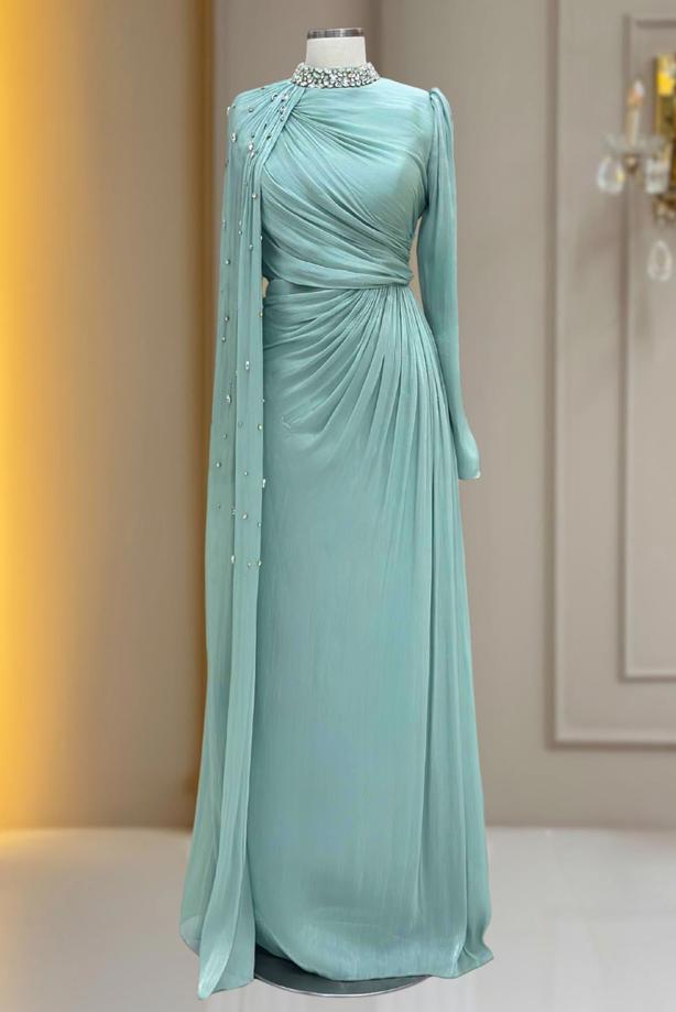 Tesettür giyim YEŞİL ŞİFON ABİYE ELBİSE T 2463 - TRENDTESETTÜR