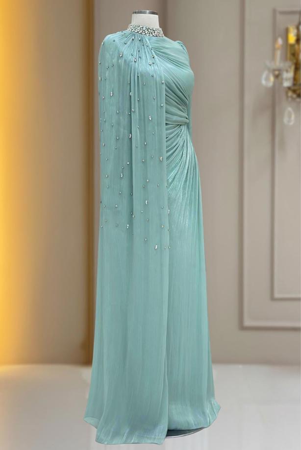 Tesettür giyim YEŞİL ŞİFON ABİYE ELBİSE T 2463 - TRENDTESETTÜR