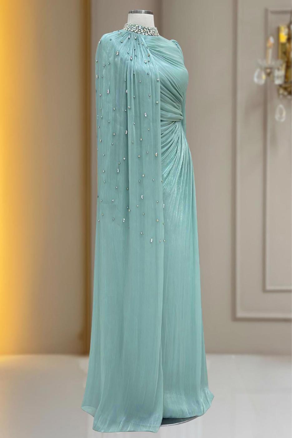 Tesettür giyim YEŞİL ŞİFON ABİYE ELBİSE T 2463