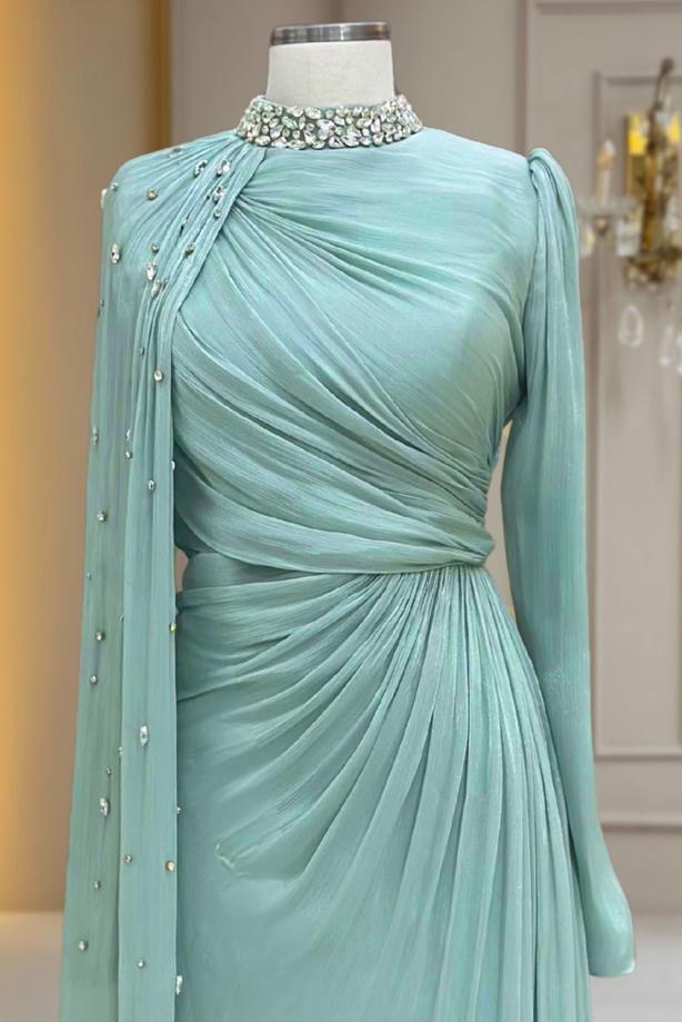 Tesettür giyim YEŞİL ŞİFON ABİYE ELBİSE T 2463 - TRENDTESETTÜR