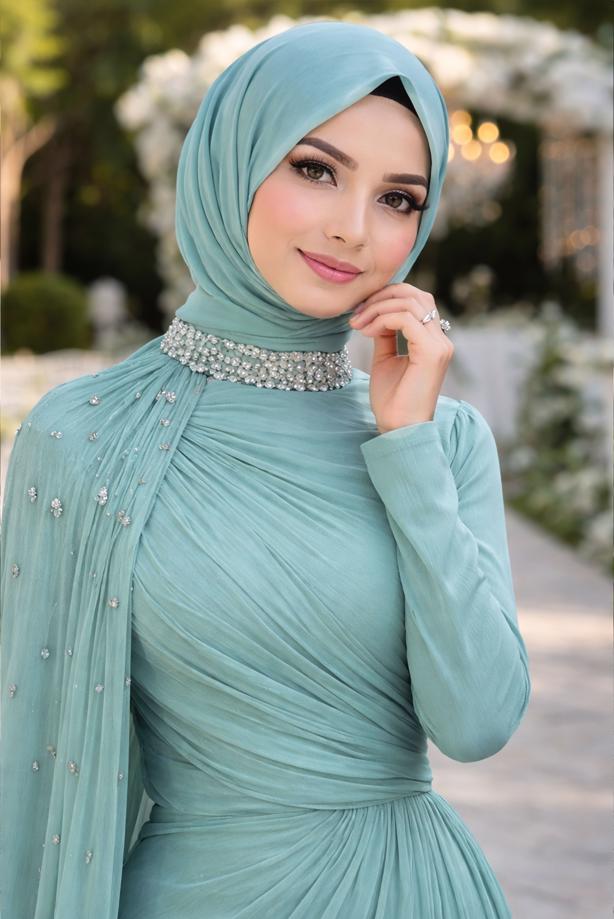 Tesettür giyim YEŞİL ŞİFON ABİYE ELBİSE T 2463 - TRENDTESETTÜR