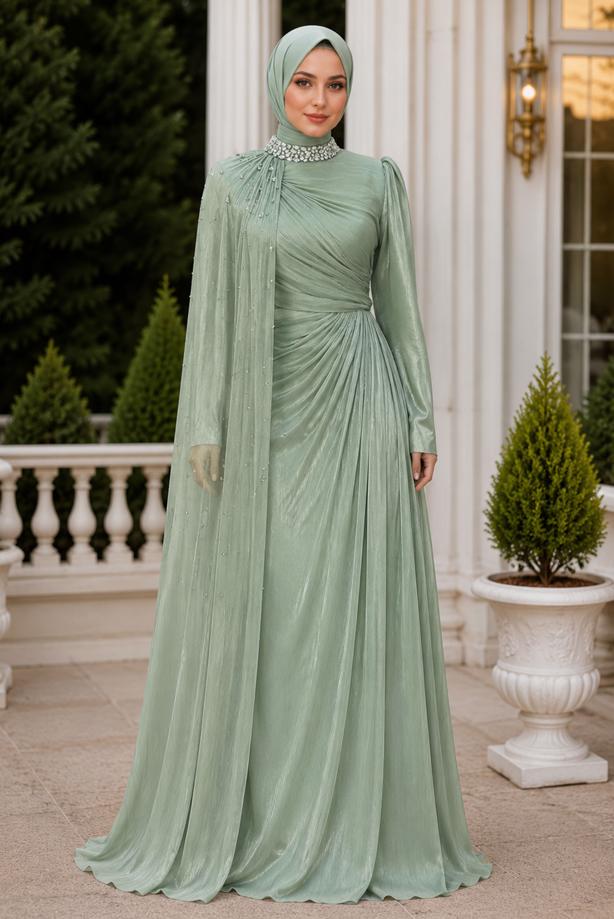 Vêtements hijab VERT ROBE DE SOIRÉE EN MOUSSELINE DE SOIE T 2463 - TRENDTESETTÜR