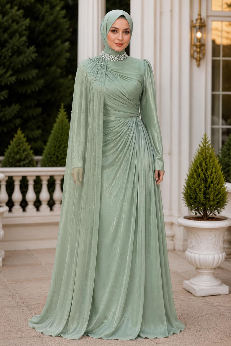 Vêtements hijab VERT ROBE DE SOIRÉE EN MOUSSELINE DE SOIE T 2463